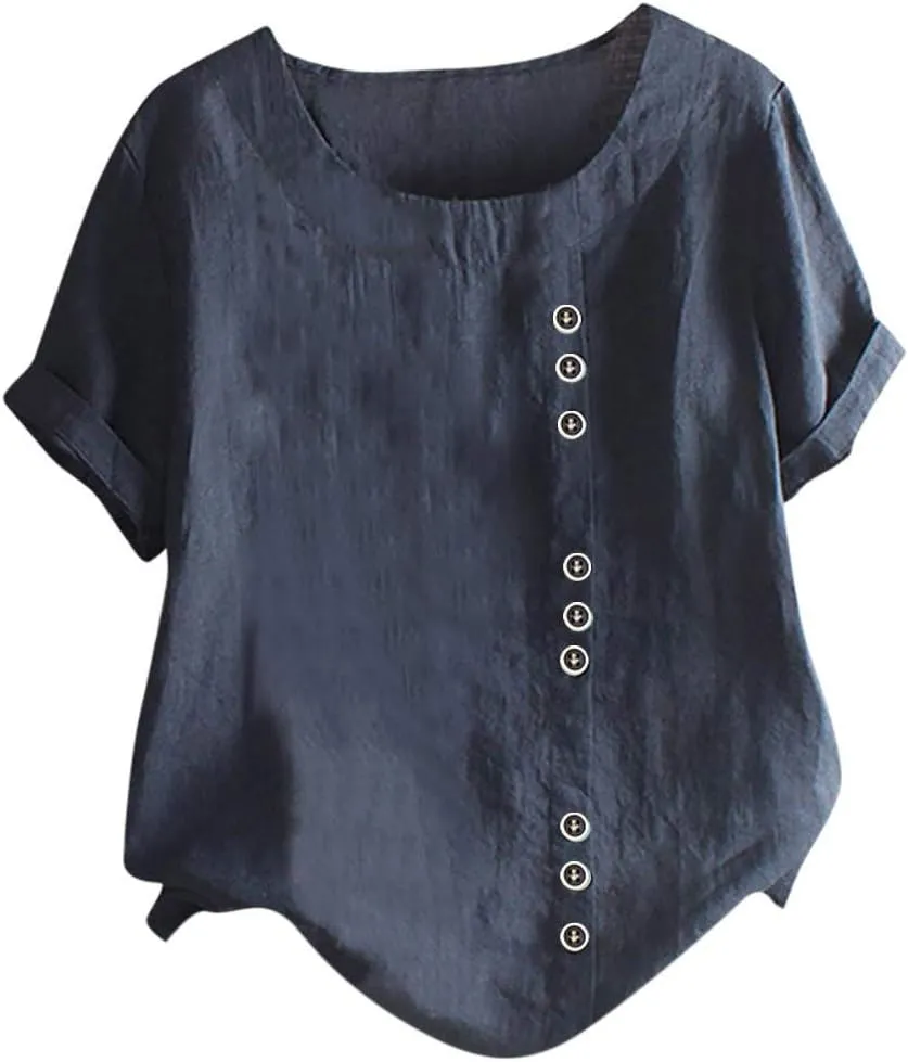 Women Linen Shirts V Neck Buttons Blouses Solid Color Soft Tee Shirt Long Sleeve Loose Fit Shirt