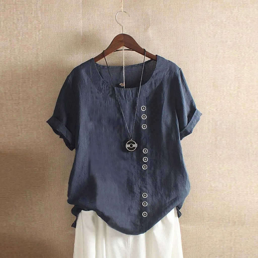 Women Linen Shirts V Neck Buttons Blouses Solid Color Soft Tee Shirt Long Sleeve Loose Fit Shirt