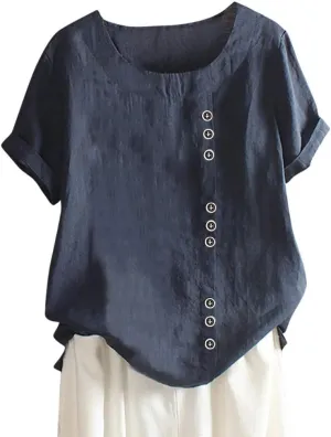 Women Linen Shirts V Neck Buttons Blouses Solid Color Soft Tee Shirt Long Sleeve Loose Fit Shirt