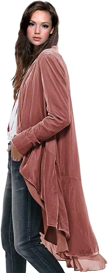 Women Ruffled Asymmetric Long Velvet Blazers Coat Casual Jackets