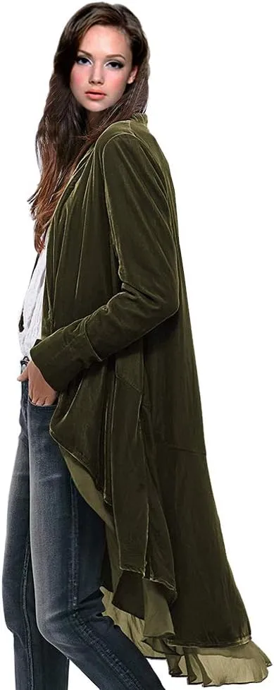 Women Ruffled Asymmetric Long Velvet Blazers Coat Casual Jackets