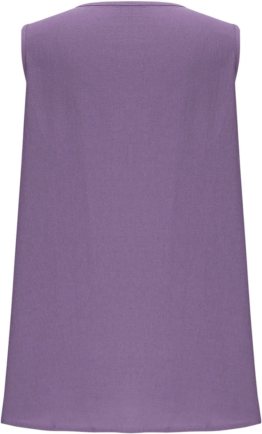 Women Summer Linen Tops Sexy Deep V Neck Tank Top Loose Fit Flowy Sleeveless Shirt Fashion Solid Beach Outfits