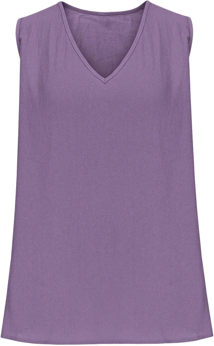 Women Summer Linen Tops Sexy Deep V Neck Tank Top Loose Fit Flowy Sleeveless Shirt Fashion Solid Beach Outfits