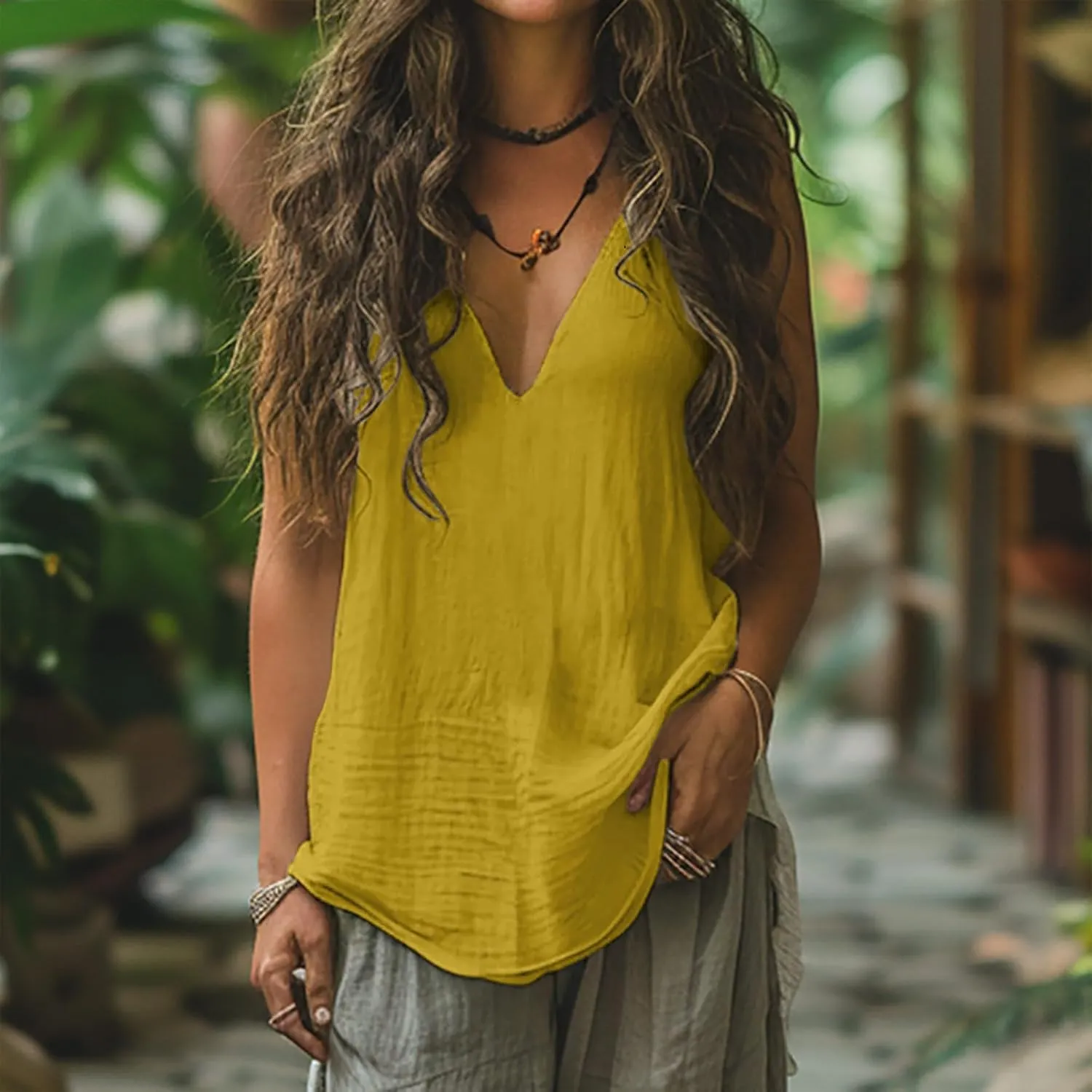 Women Summer Linen Tops Sexy Deep V Neck Tank Top Loose Fit Flowy Sleeveless Shirt Fashion Solid Beach Outfits