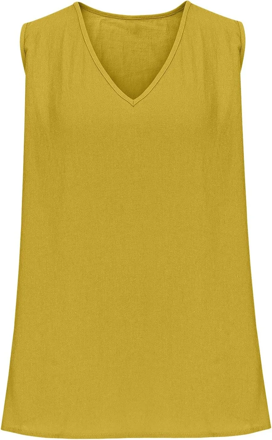 Women Summer Linen Tops Sexy Deep V Neck Tank Top Loose Fit Flowy Sleeveless Shirt Fashion Solid Beach Outfits