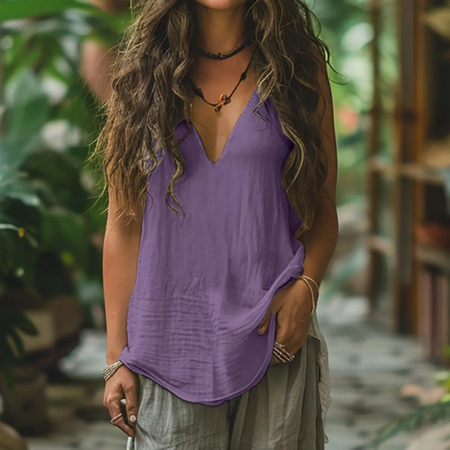 Women Summer Linen Tops Sexy Deep V Neck Tank Top Loose Fit Flowy Sleeveless Shirt Fashion Solid Beach Outfits
