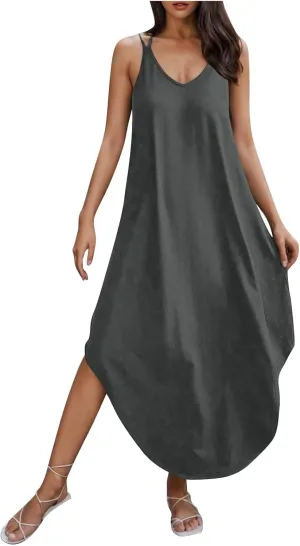 Women Summer Maxi Dress Casual V-Neck Sleeveless Boho Spaghetti Strap Flowy Long Sundress Halter Tie Back Beach Dresses