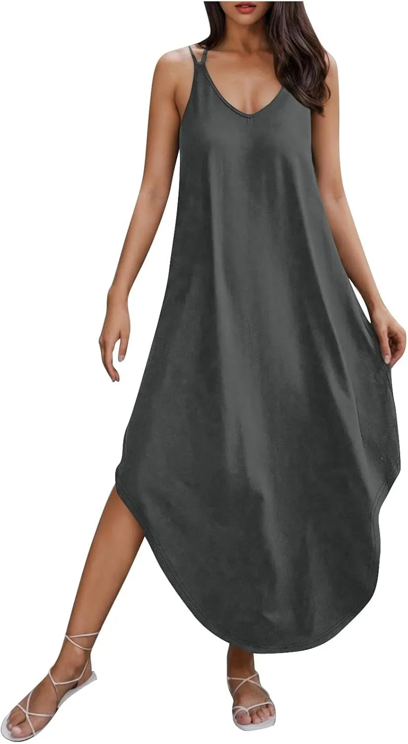 Women Summer Maxi Dress Casual V-Neck Sleeveless Boho Spaghetti Strap Flowy Long Sundress Halter Tie Back Beach Dresses