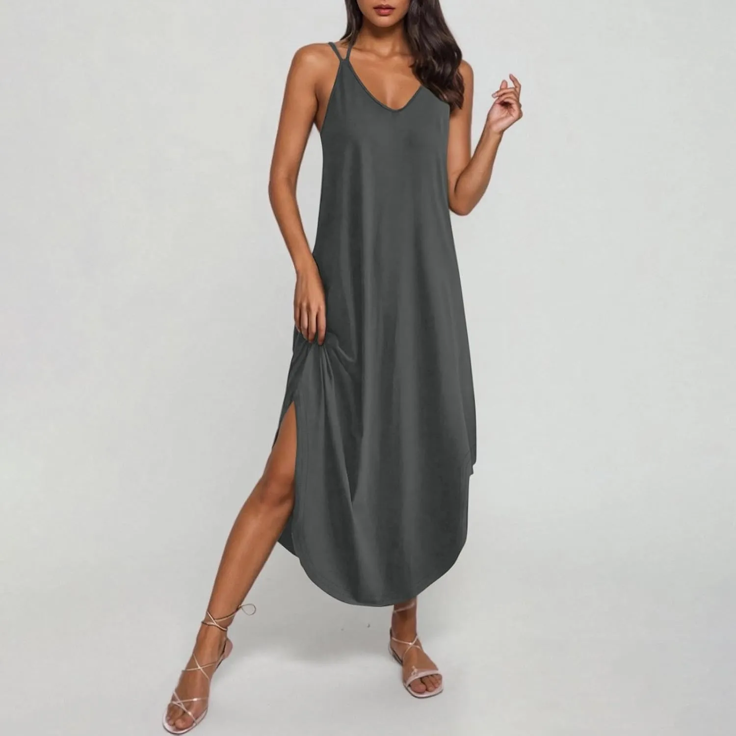Women Summer Maxi Dress Casual V-Neck Sleeveless Boho Spaghetti Strap Flowy Long Sundress Halter Tie Back Beach Dresses