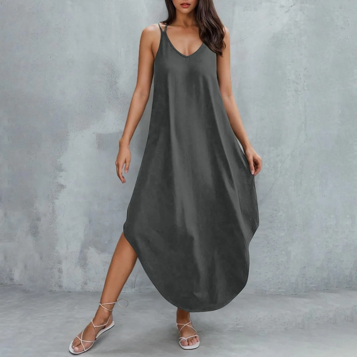 Women Summer Maxi Dress Casual V-Neck Sleeveless Boho Spaghetti Strap Flowy Long Sundress Halter Tie Back Beach Dresses