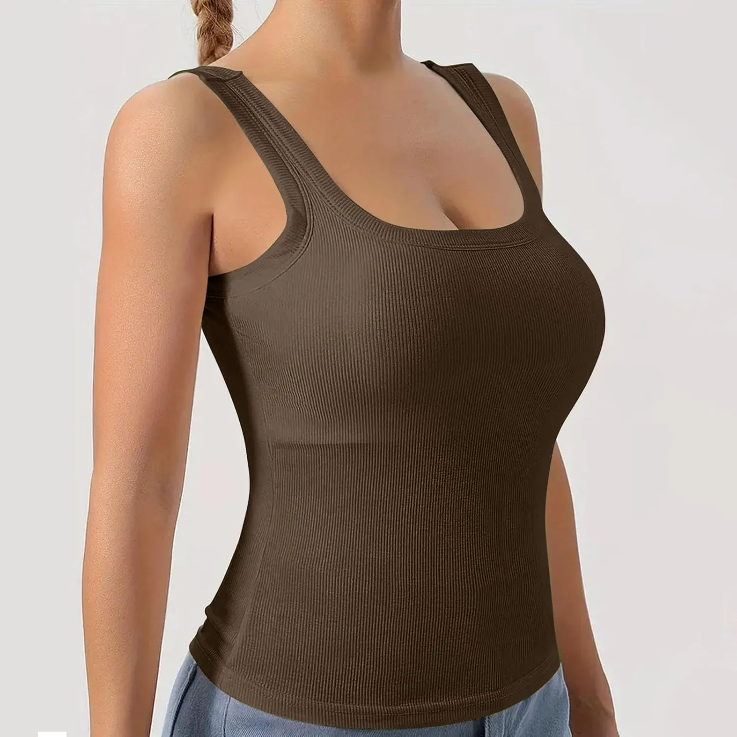 Women Tank Tops with Built in Bras Summer Casual Ribbed Knit Camisole U Neck Sleeveless Padded Workout Yoga Shirt