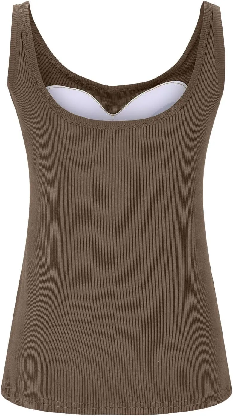 Women Tank Tops with Built in Bras Summer Casual Ribbed Knit Camisole U Neck Sleeveless Padded Workout Yoga Shirt