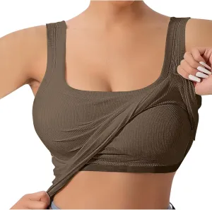 Women Tank Tops with Built in Bras Summer Casual Ribbed Knit Camisole U Neck Sleeveless Padded Workout Yoga Shirt