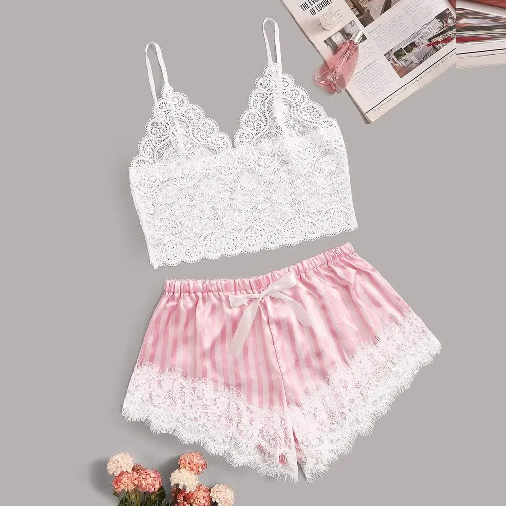 Women V Neck Lace Bralette Pajamas Sleepwear Striped Satin Shorts Lingerie Set Cute Lingerie for Women Cosplay