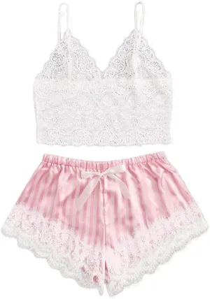 Women V Neck Lace Bralette Pajamas Sleepwear Striped Satin Shorts Lingerie Set Cute Lingerie for Women Cosplay