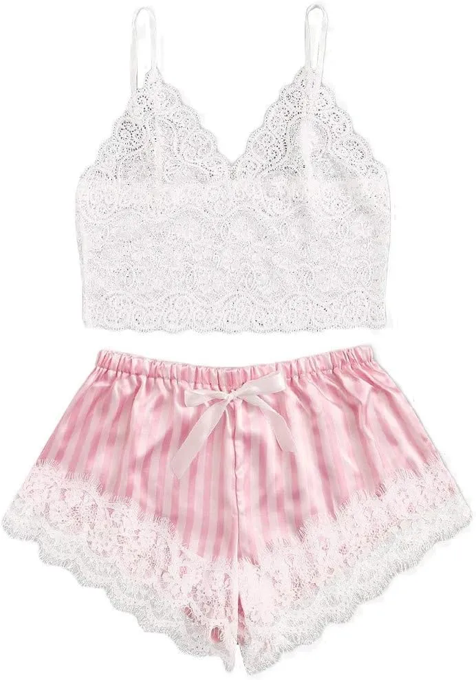 Women V Neck Lace Bralette Pajamas Sleepwear Striped Satin Shorts Lingerie Set Cute Lingerie for Women Cosplay