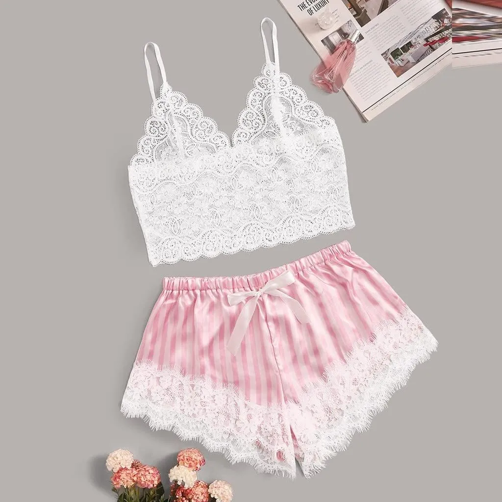 Women V Neck Lace Bralette Pajamas Sleepwear Striped Satin Shorts Lingerie Set Cute Lingerie for Women Cosplay