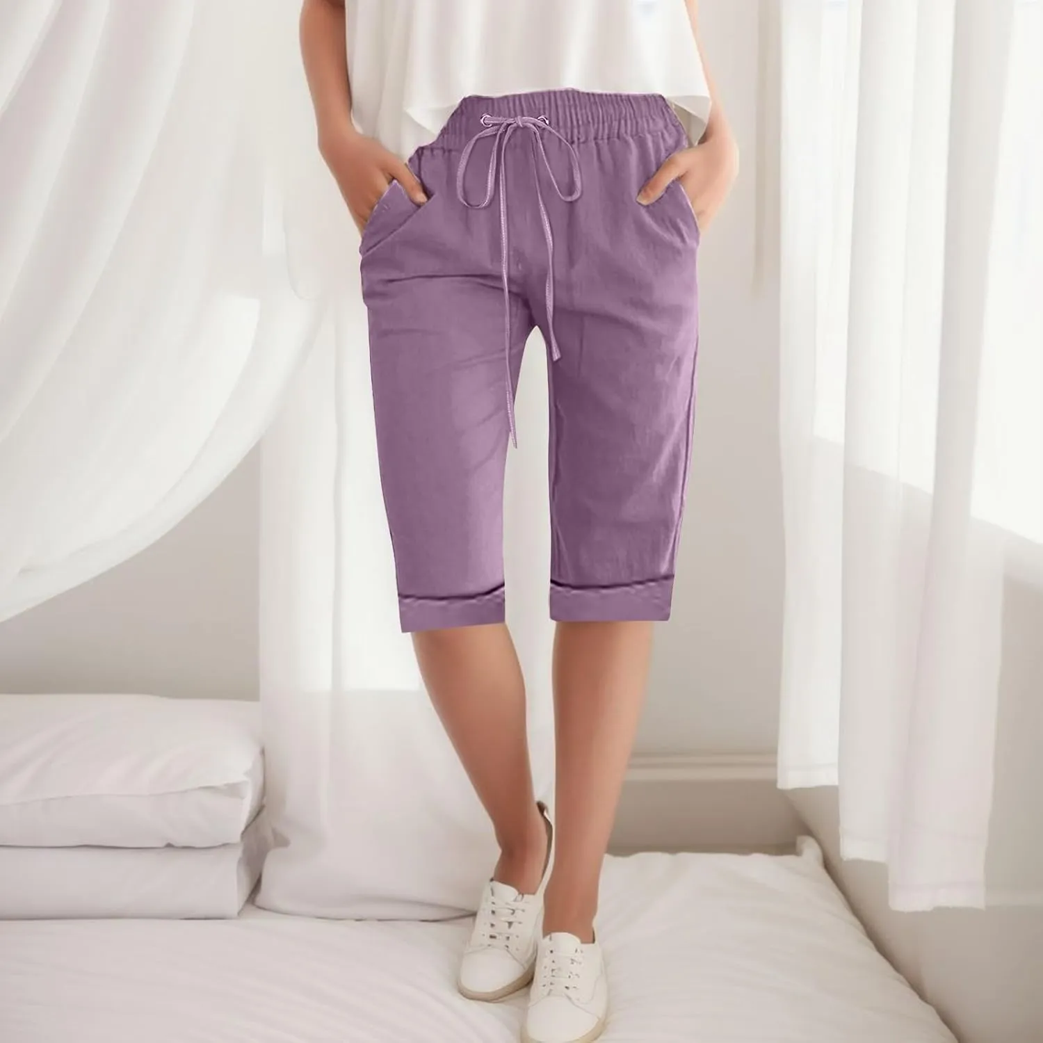 Women Wide Leg Linen Pants Summer High Waisted Palazzo Pants Drawstring Loose Fit Flowy Trousers with Pockets
