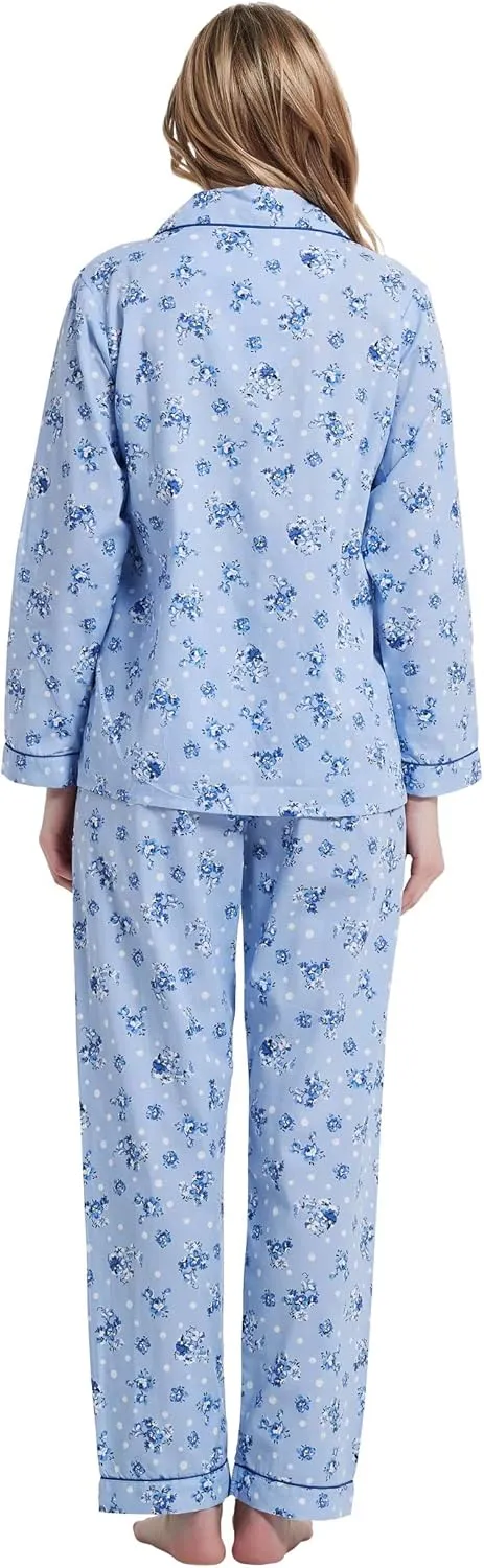 Women's 100% Cotton Pajama Set For Women Long Sleeve Soft Button Pajamas Elastic Drawstring PJs