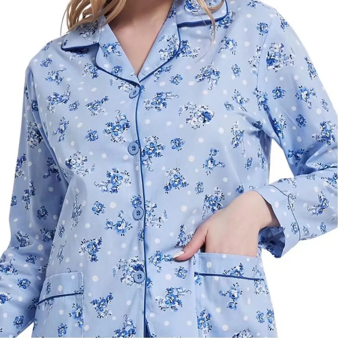 Women's 100% Cotton Pajama Set For Women Long Sleeve Soft Button Pajamas Elastic Drawstring PJs