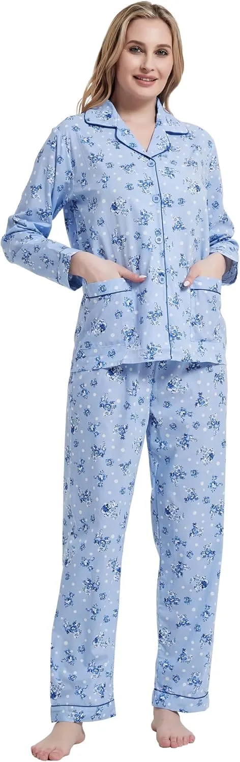 Women's 100% Cotton Pajama Set For Women Long Sleeve Soft Button Pajamas Elastic Drawstring PJs
