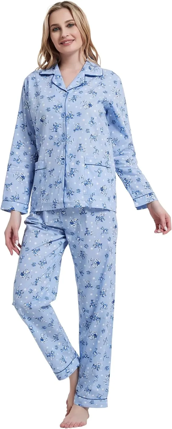 Women's 100% Cotton Pajama Set For Women Long Sleeve Soft Button Pajamas Elastic Drawstring PJs
