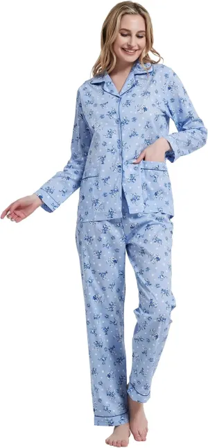 Women's 100% Cotton Pajama Set For Women Long Sleeve Soft Button Pajamas Elastic Drawstring PJs