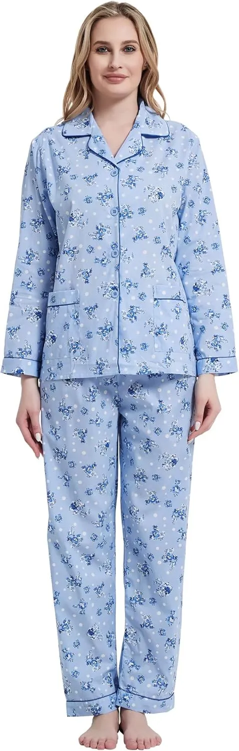 Women's 100% Cotton Pajama Set For Women Long Sleeve Soft Button Pajamas Elastic Drawstring PJs