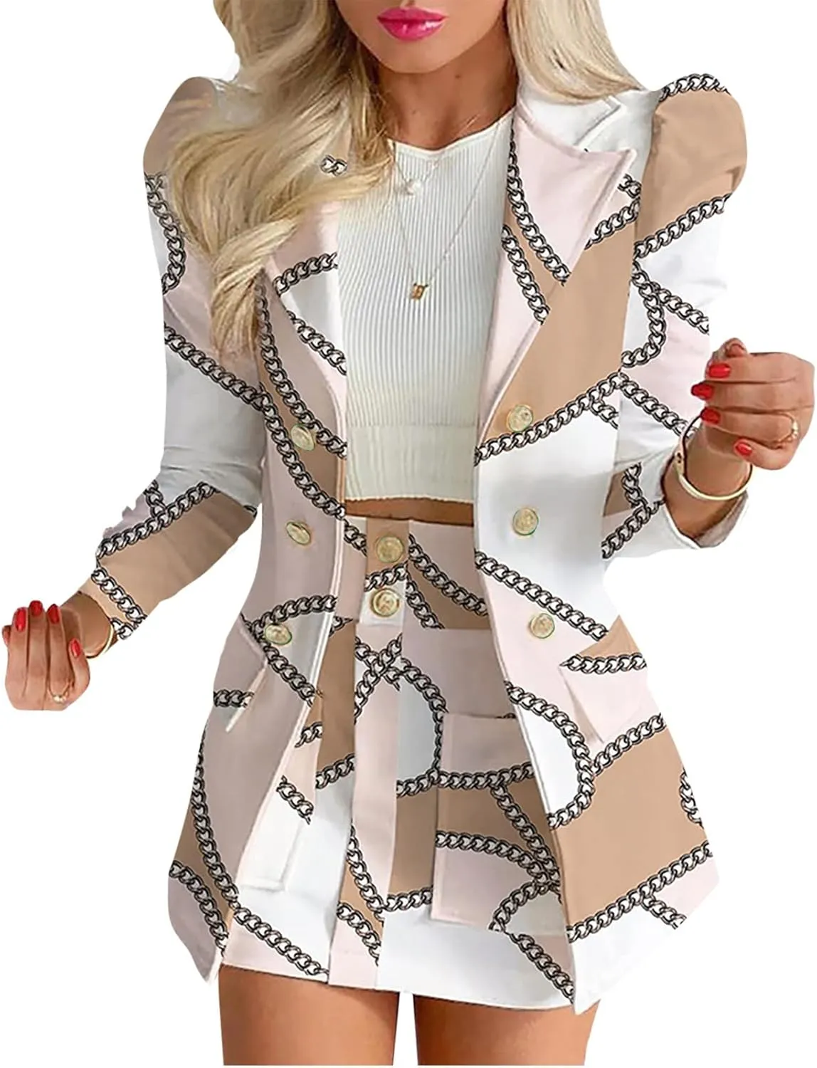 Women's 2 Piece Outfits Elegant Double Breasted Long Sleeve Blazer Jacket and Mini Skirt Set Business Casual Suits