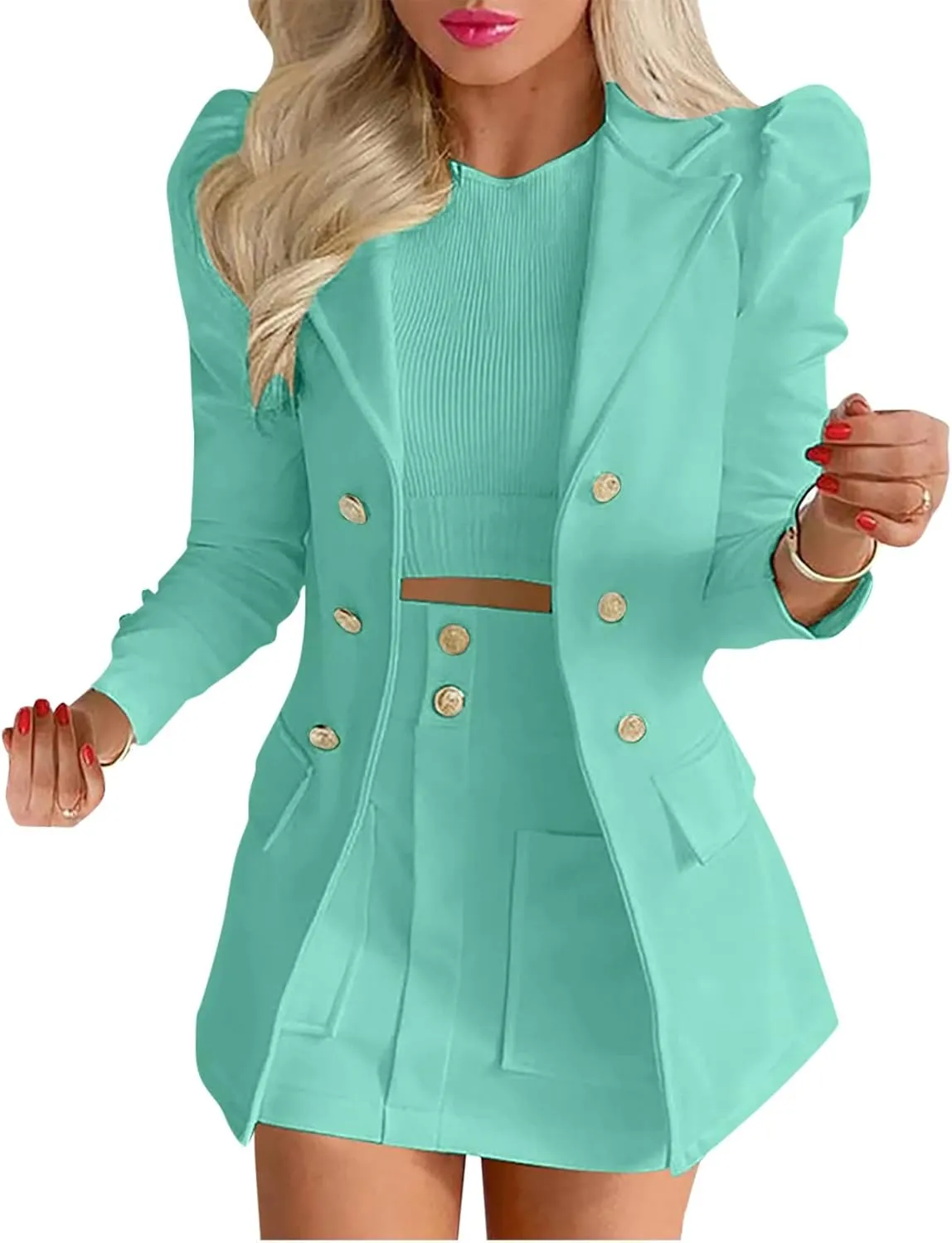 Women's 2 Piece Outfits Elegant Double Breasted Long Sleeve Blazer Jacket and Mini Skirt Set Business Casual Suits