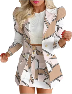 Women's 2 Piece Outfits Elegant Double Breasted Long Sleeve Blazer Jacket and Mini Skirt Set Business Casual Suits