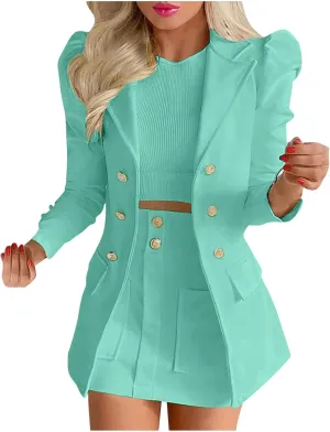 Women's 2 Piece Outfits Elegant Double Breasted Long Sleeve Blazer Jacket and Mini Skirt Set Business Casual Suits