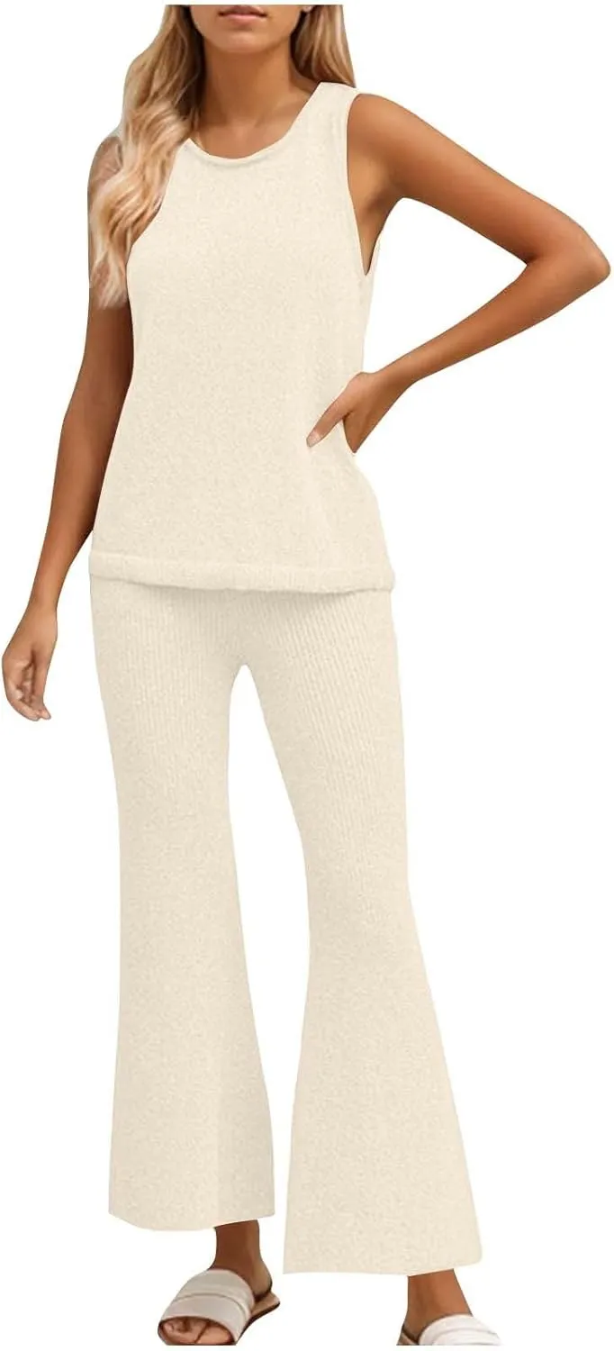 Women's 2 Piece Outfits Summer Travel Tracksuit Ribbed Knit Tank Tops Loose Wide Leg Loungewear Comfy Lounge Sets
