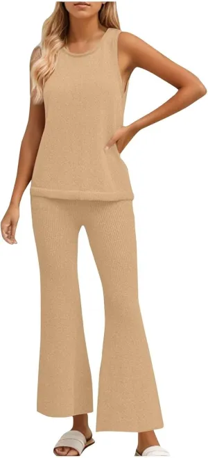 Women's 2 Piece Outfits Summer Travel Tracksuit Ribbed Knit Tank Tops Loose Wide Leg Loungewear Comfy Lounge Sets