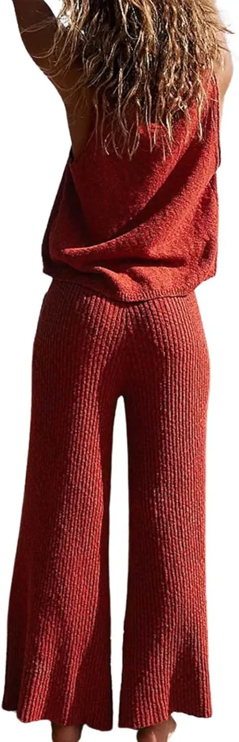 Women's 2 Piece Outfits Summer Travel Tracksuit Ribbed Knit Tank Tops Loose Wide Leg Loungewear Comfy Lounge Sets