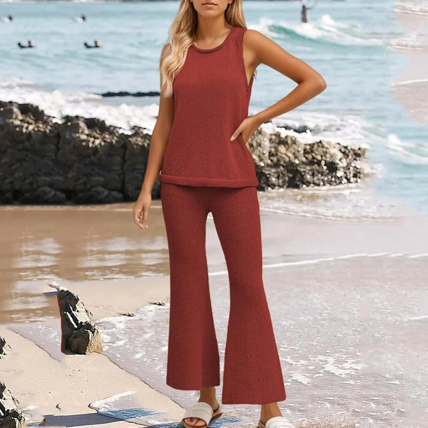Women's 2 Piece Outfits Summer Travel Tracksuit Ribbed Knit Tank Tops Loose Wide Leg Loungewear Comfy Lounge Sets