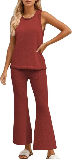 Women's 2 Piece Outfits Summer Travel Tracksuit Ribbed Knit Tank Tops Loose Wide Leg Loungewear Comfy Lounge Sets