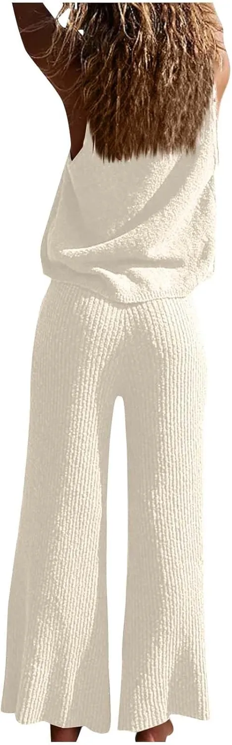 Women's 2 Piece Outfits Summer Travel Tracksuit Ribbed Knit Tank Tops Loose Wide Leg Loungewear Comfy Lounge Sets