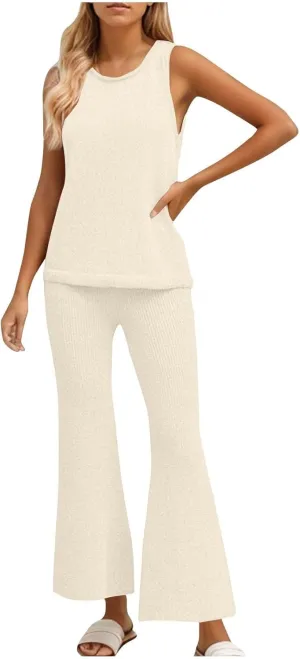 Women's 2 Piece Outfits Summer Travel Tracksuit Ribbed Knit Tank Tops Loose Wide Leg Loungewear Comfy Lounge Sets