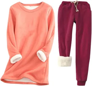 Women's 2 Piece Pant Set Pullover Fleece Lined Tops Joggers Sweatpants Fall Winter Fuzzy Lounge Outfit