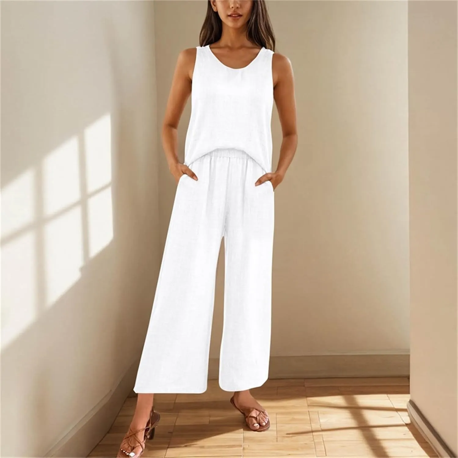 Womens 2 Piece Sets Elegant Crochet Lace Back Tank Top Wide Leg Pants Lounge Set Summer Beach Vacation Outfits