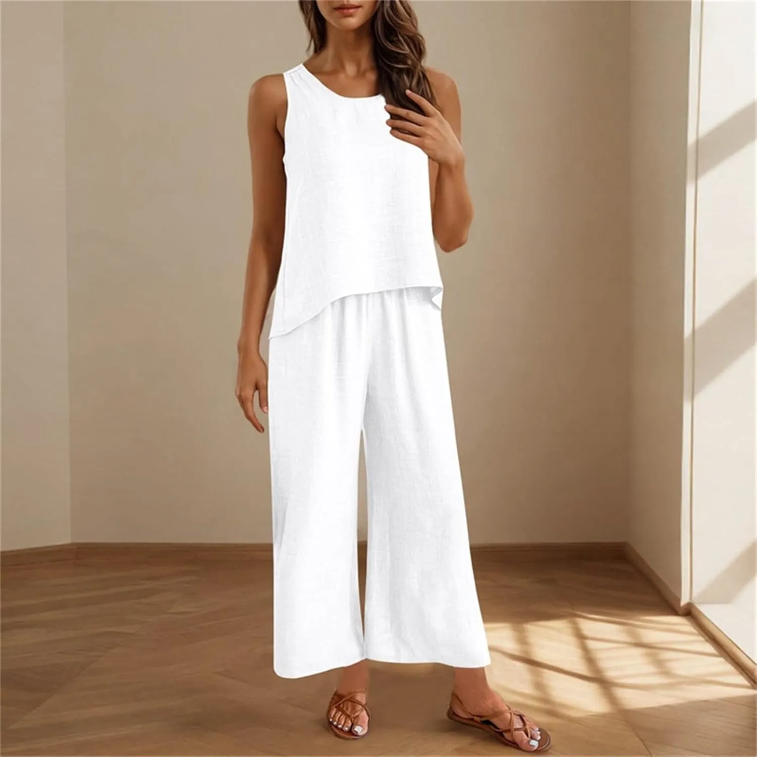 Womens 2 Piece Sets Elegant Crochet Lace Back Tank Top Wide Leg Pants Lounge Set Summer Beach Vacation Outfits