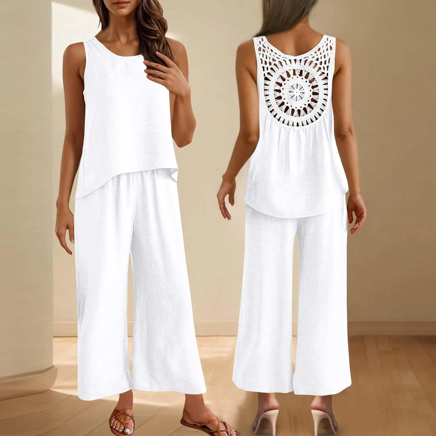 Womens 2 Piece Sets Elegant Crochet Lace Back Tank Top Wide Leg Pants Lounge Set Summer Beach Vacation Outfits