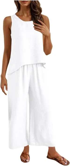 Womens 2 Piece Sets Elegant Crochet Lace Back Tank Top Wide Leg Pants Lounge Set Summer Beach Vacation Outfits