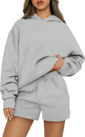 Women's 2024 Fall Oversized 2 Piece Outfits Lounge Hoodie Sweatsuit Lounge Sets Casual Top and Shorts with Pockets