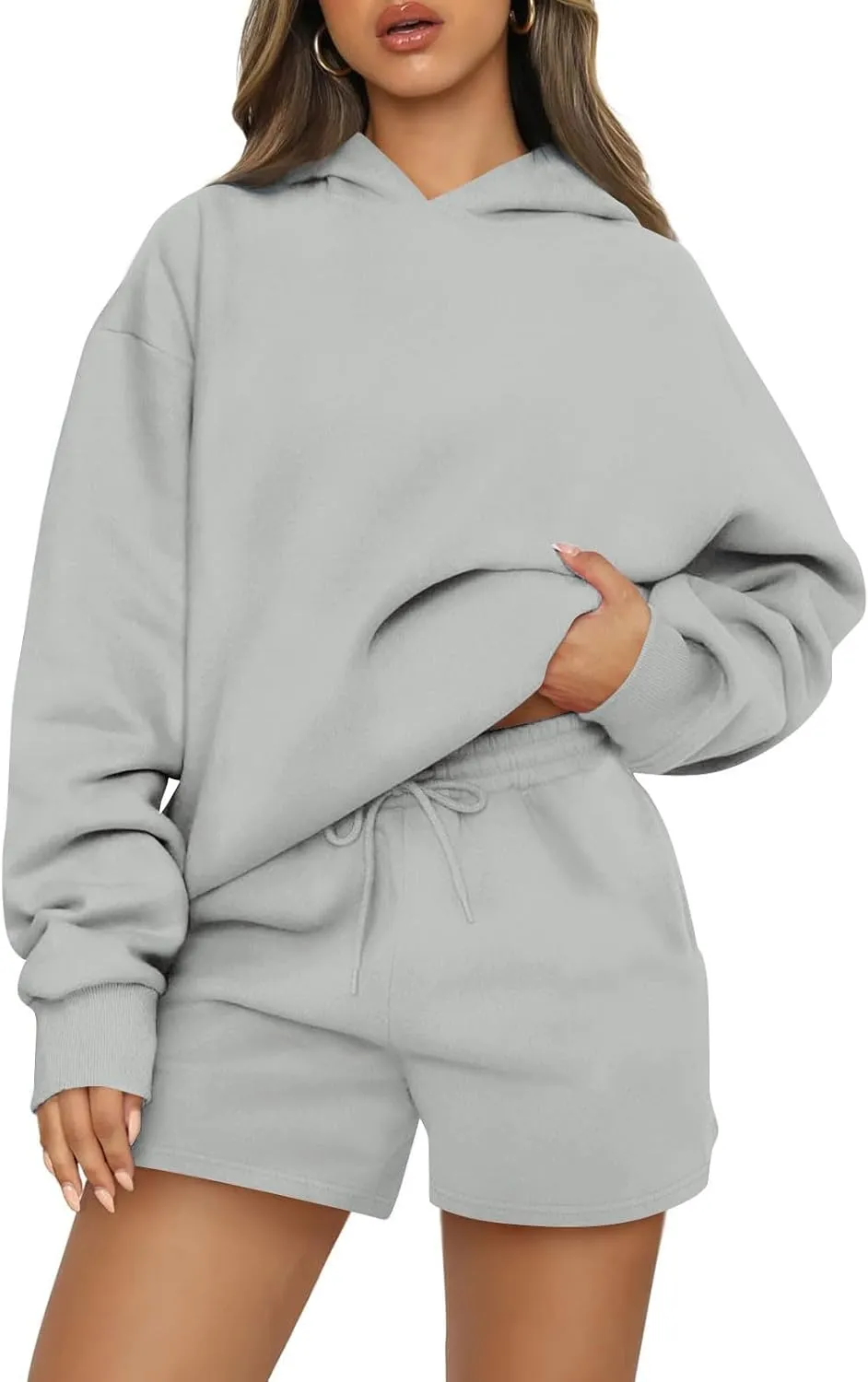 Women's 2024 Fall Oversized 2 Piece Outfits Lounge Hoodie Sweatsuit Lounge Sets Casual Top and Shorts with Pockets
