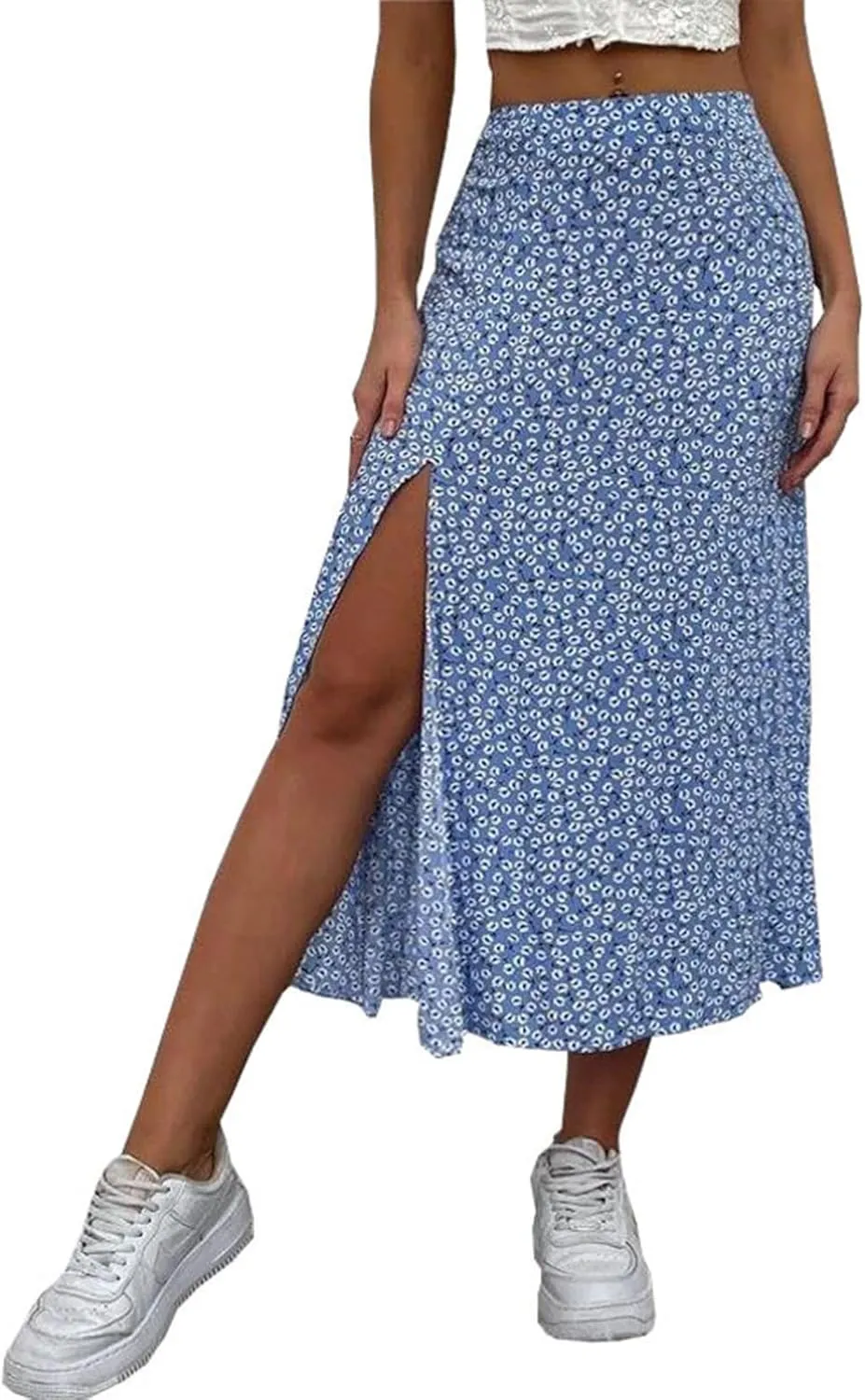 Womens 2024 Summer High Waisted Flowy Slit Midi Skirts Casual Lightweight Boho Floral Beach Skirt Sheer Skirt