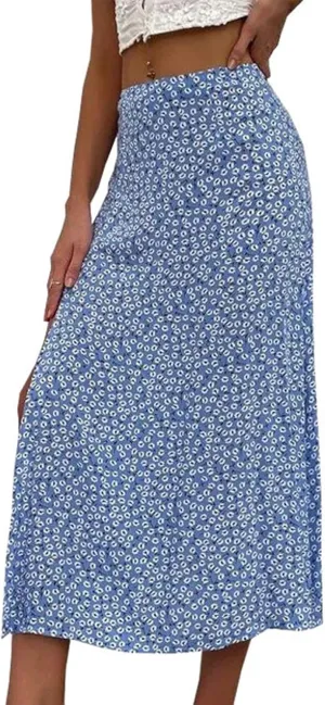 Womens 2024 Summer High Waisted Flowy Slit Midi Skirts Casual Lightweight Boho Floral Beach Skirt Sheer Skirt