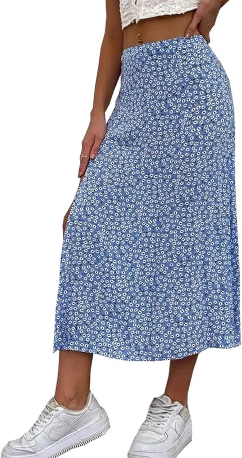 Womens 2024 Summer High Waisted Flowy Slit Midi Skirts Casual Lightweight Boho Floral Beach Skirt Sheer Skirt