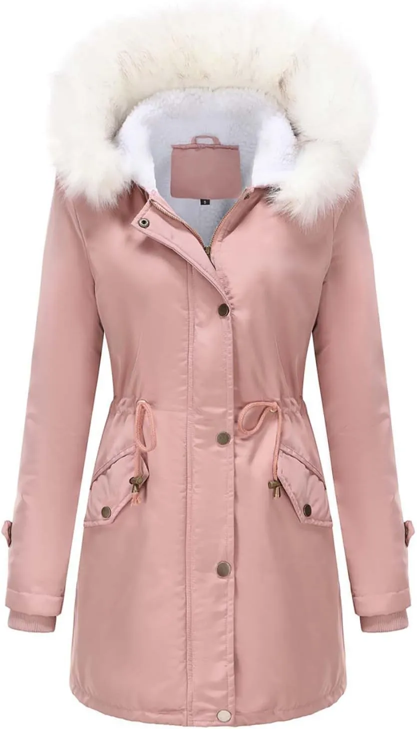 Women's 2024 Winter Warm Coats With Hood Sherpa Lined Thick Jacket Long Sleeve Fleece Outerwear With Pockets